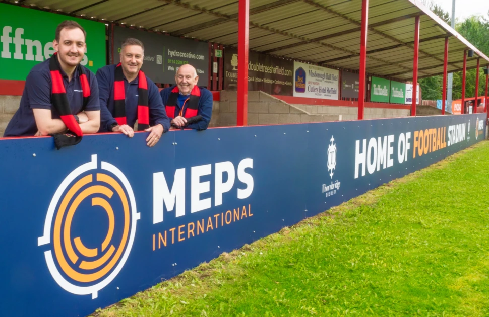 Celebrating MEPS International's Sheffield FC stadium sponsorship are (from left): head of marketing Joe Rugg, sales manager Jamie Milnes and company founder Peter Fish