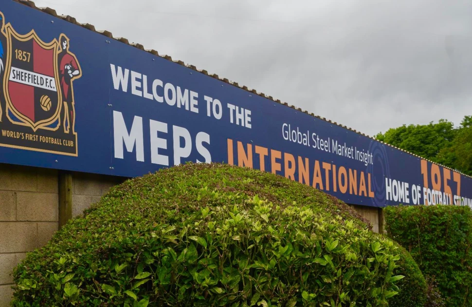 The new MEPS International Home of Football Stadium signage outside Sheffield FC's home ground
