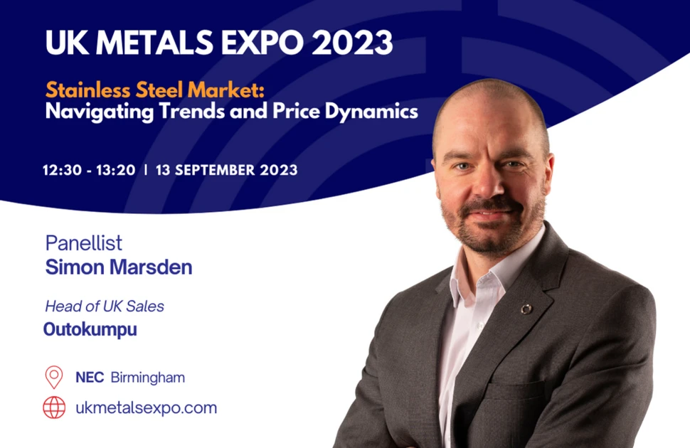 Outokumpu's head of UK sales Simon Marsden will join MEPS International's Kaye Ayub on stage for a stainless steel market debate at the UK Metals Expo 2023