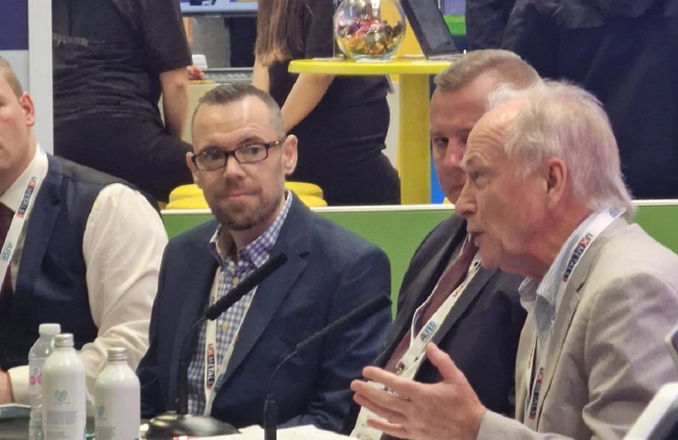 ISTA president Godfrey Watt (right) addresses delegates at the UK Metals Expo