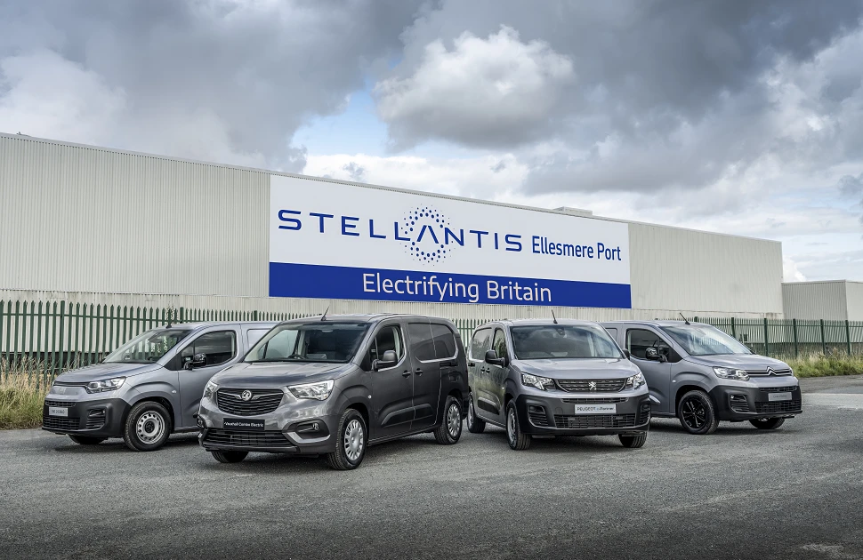 The line-up of Stellantis' electric vans at its UK manufacturing plant at Ellesmere Port