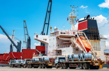 Stainless steel coil is loaded onto a cargo ship