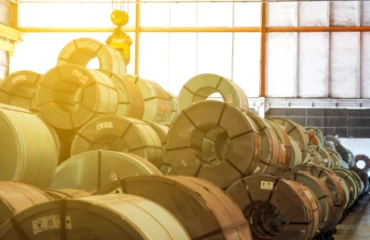Steel coils stored in a warehouse