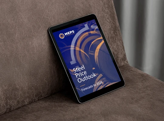 Tablet displaying MEPS Steel Price Outlook report.