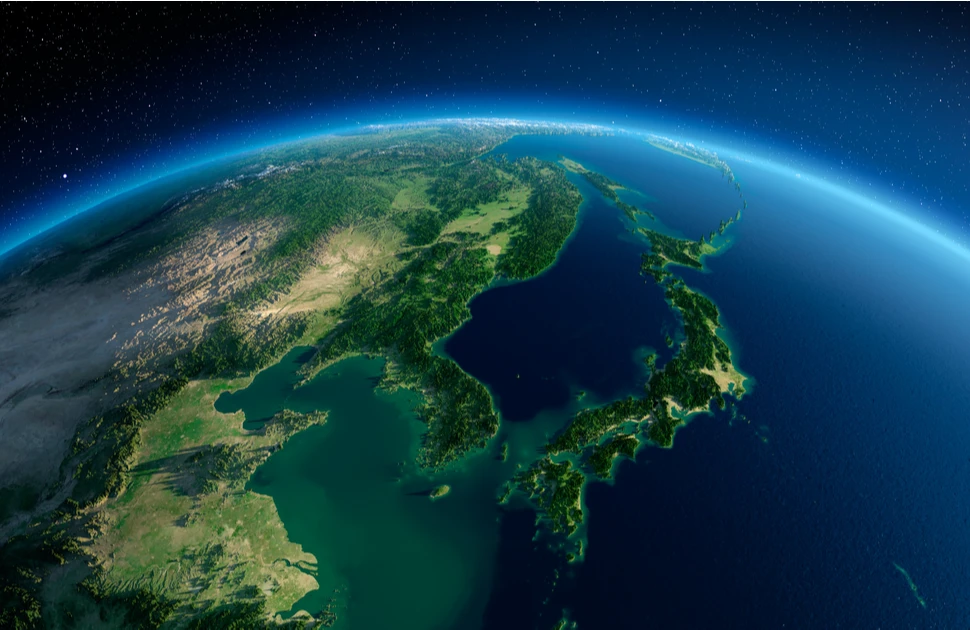 Highly detailed planet Earth in the morning. Exaggerated precise relief lit morning sun. Detailed Earth. Korea and Japan. 3D rendering. Elements of this image furnished by NASA
