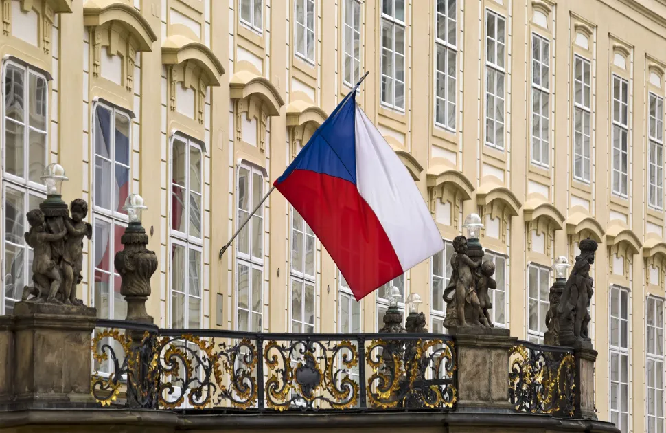 Flag of the Czech Republic on balcony of the old royal palace in Prague